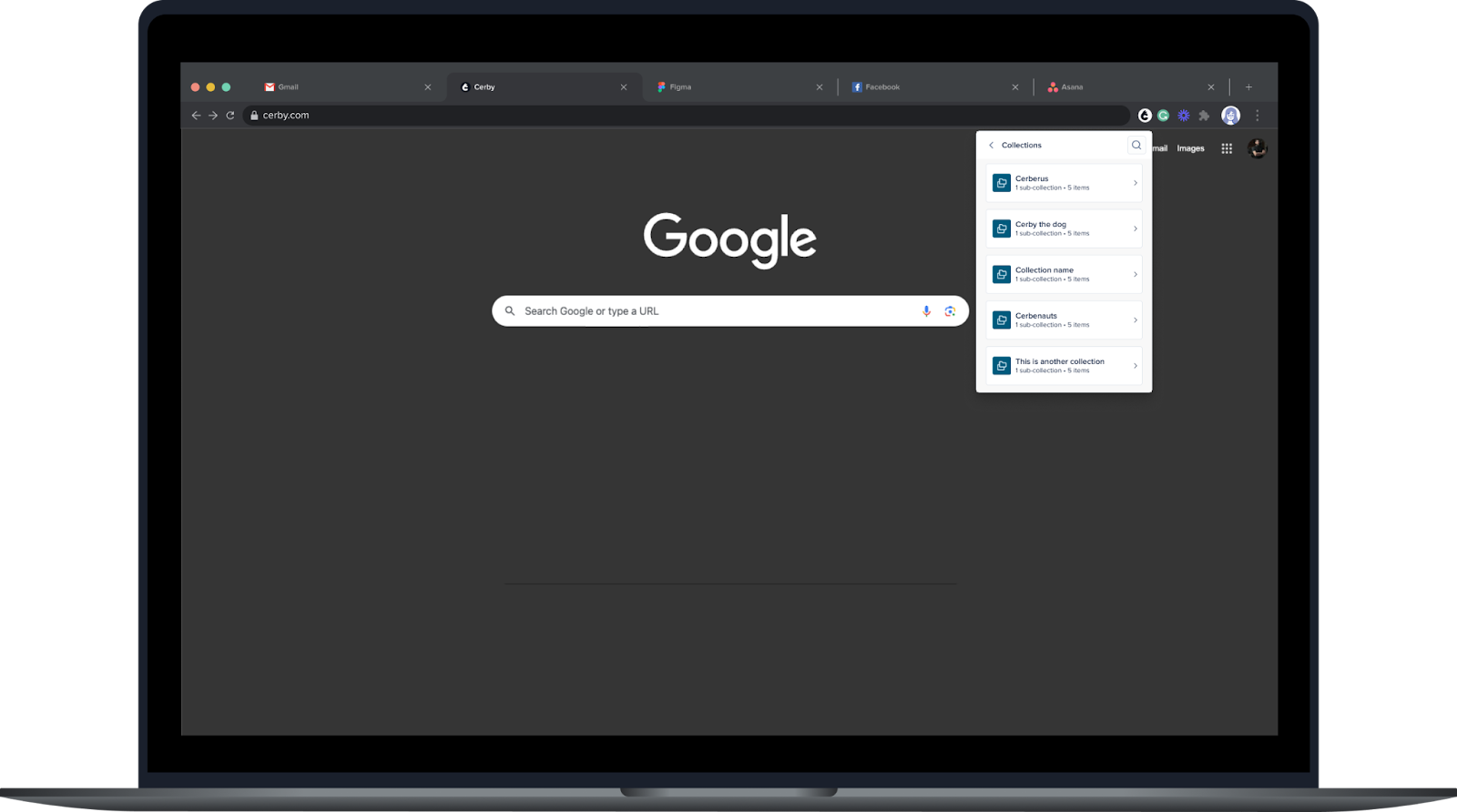 Screenshot of the Cerby browser extension popup. The Collections page is displayed with a list of collections and subcollections