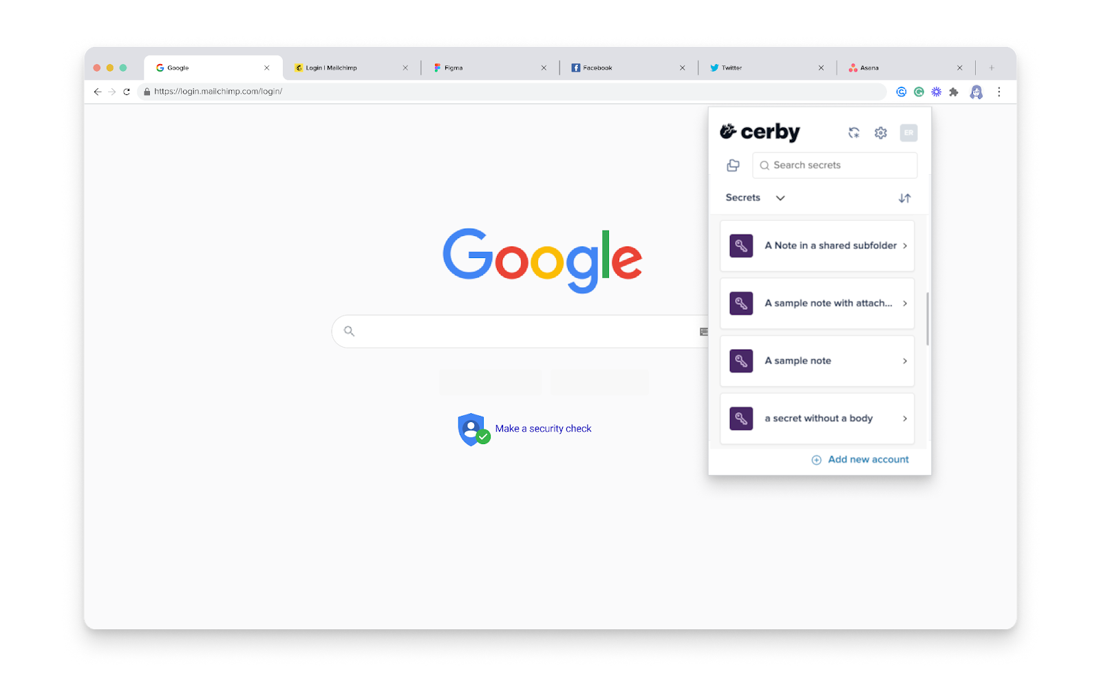 Alt-text: Screenshot of the Cerby browser extension popup on top of a website. The Secrets tab is activated with a list of secret cards.