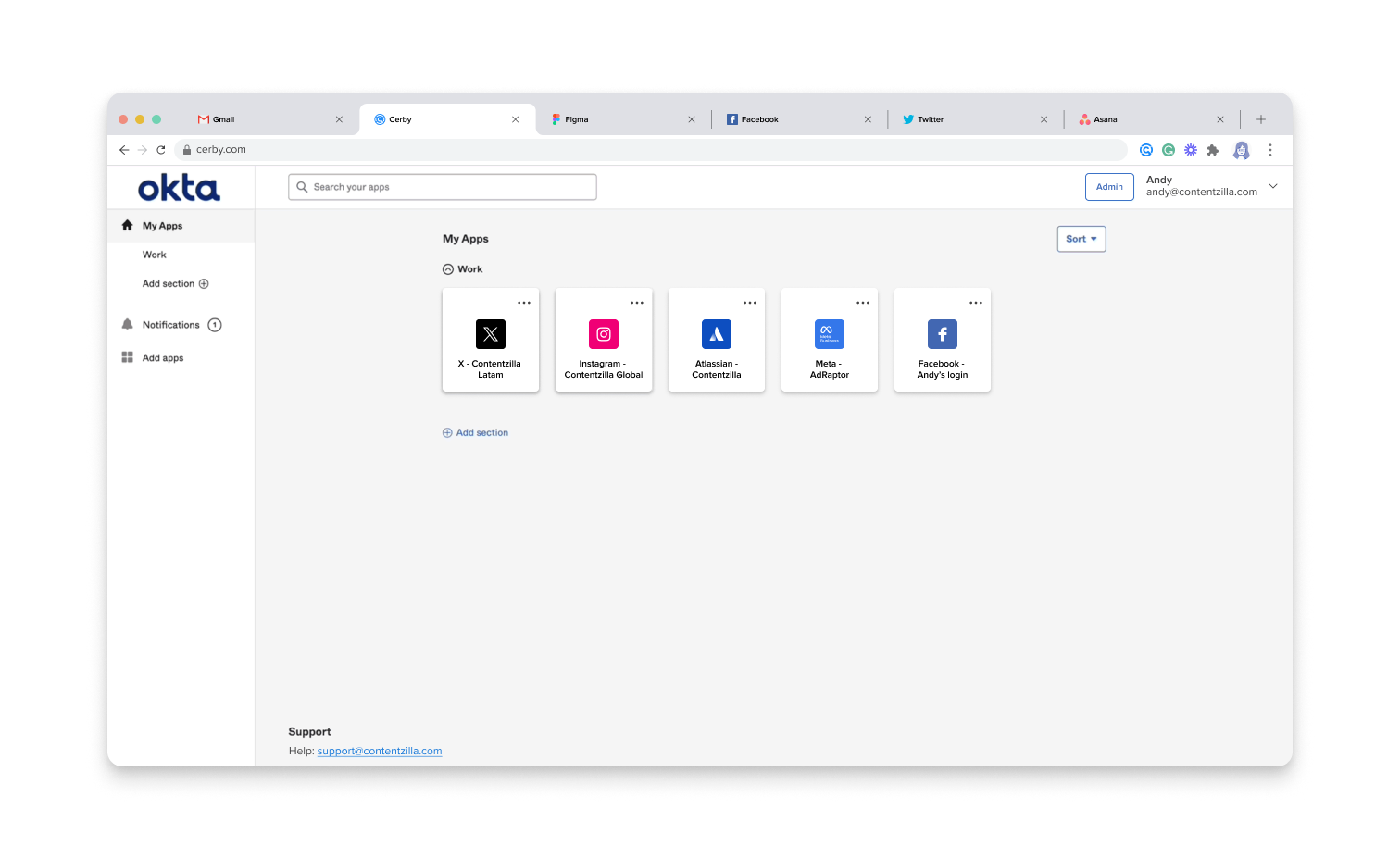 Screenshot of the My Apps page in the Okta dashboard. Multiple chiclets are displayed for logging-in purposes; they all correspond to Cerby accounts