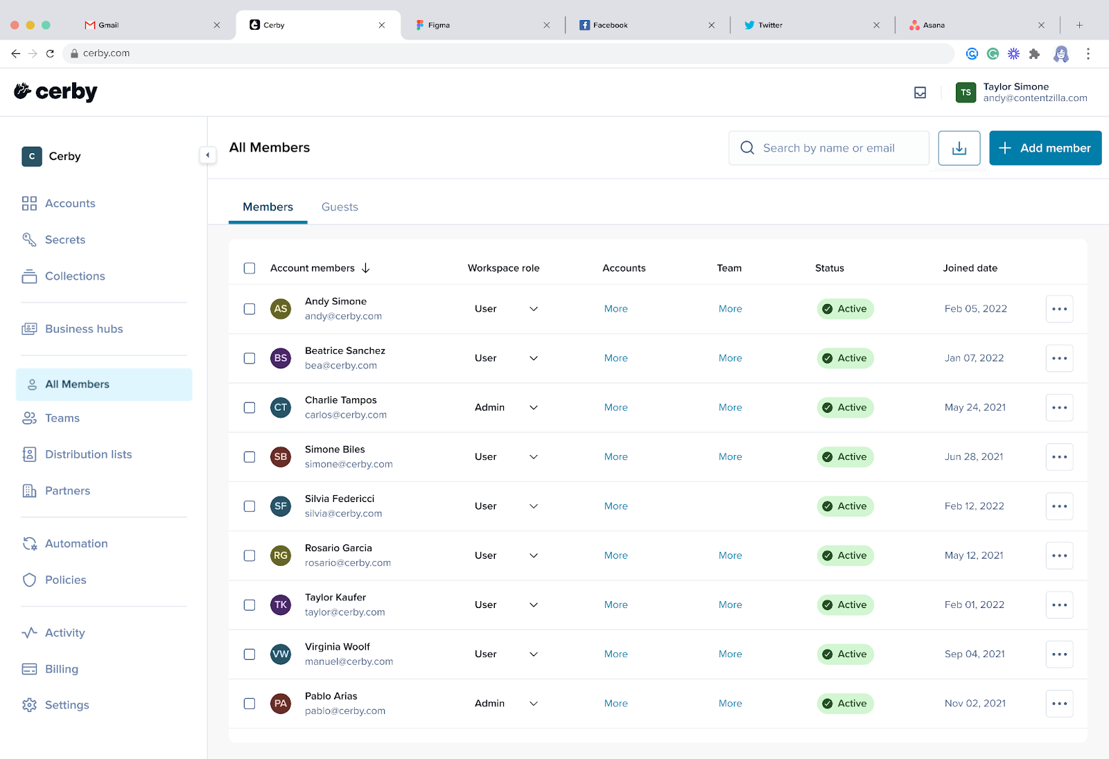 Screenshot of the Cerby web app dashboard. The All Members page is displayed with a table of workspace members