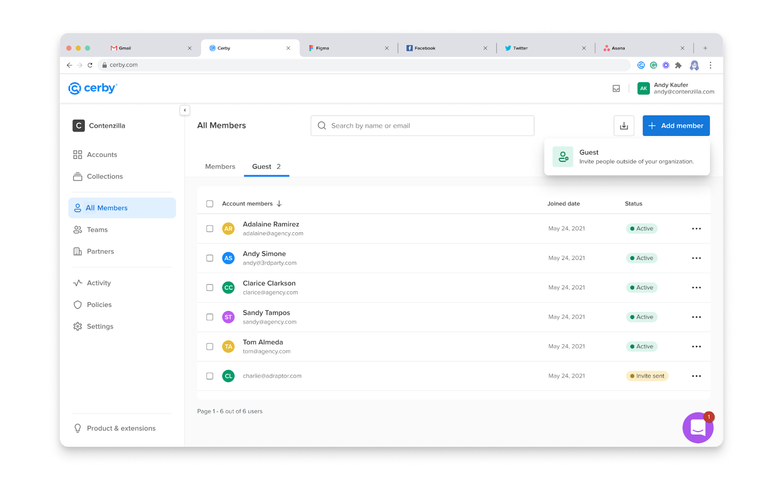Screenshot of the Guest tab of the All Members page. The Add member drop-down list is displayed to select the Guest option and invite an external collaborator as guest user.