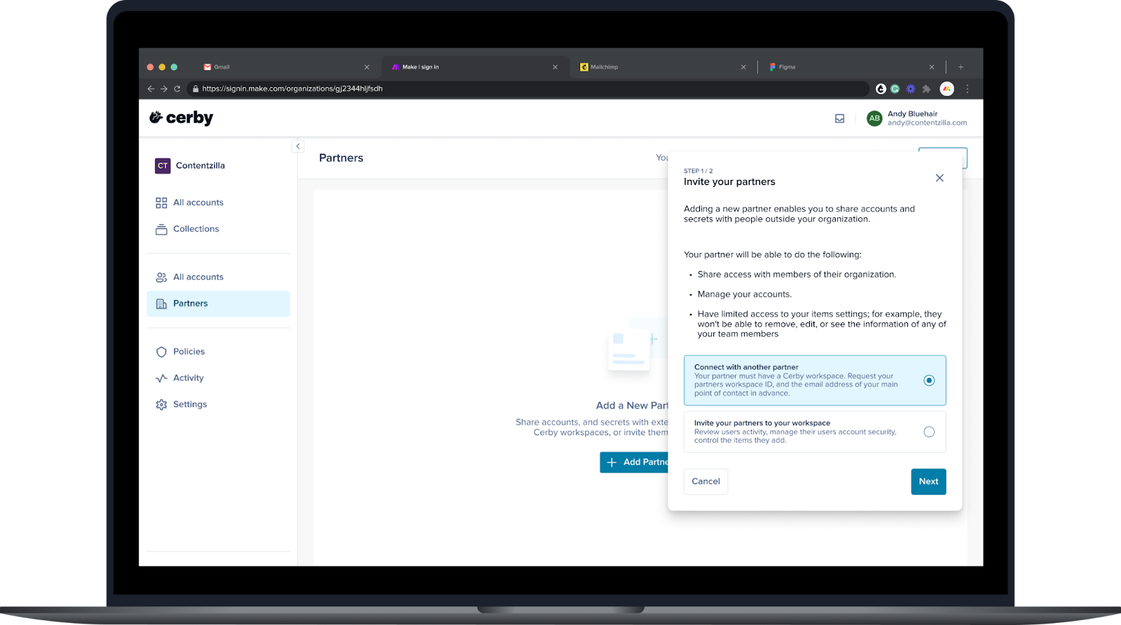 Screenshot of the Cerby web app dashboard. The Partners page is displayed with the Add a partner dialog box on top of it