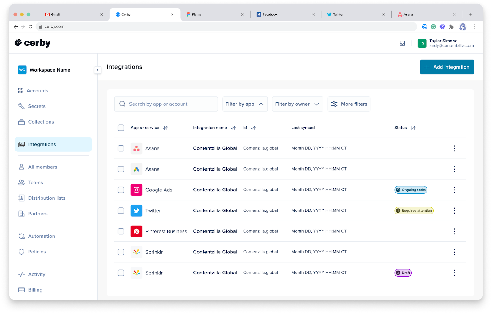 Screenshot of the Cerby web app dashboard. The Business Hubs page is displayed with a table of connected integrations and a wizard at the right side of the page for connecting your app to Cerby.