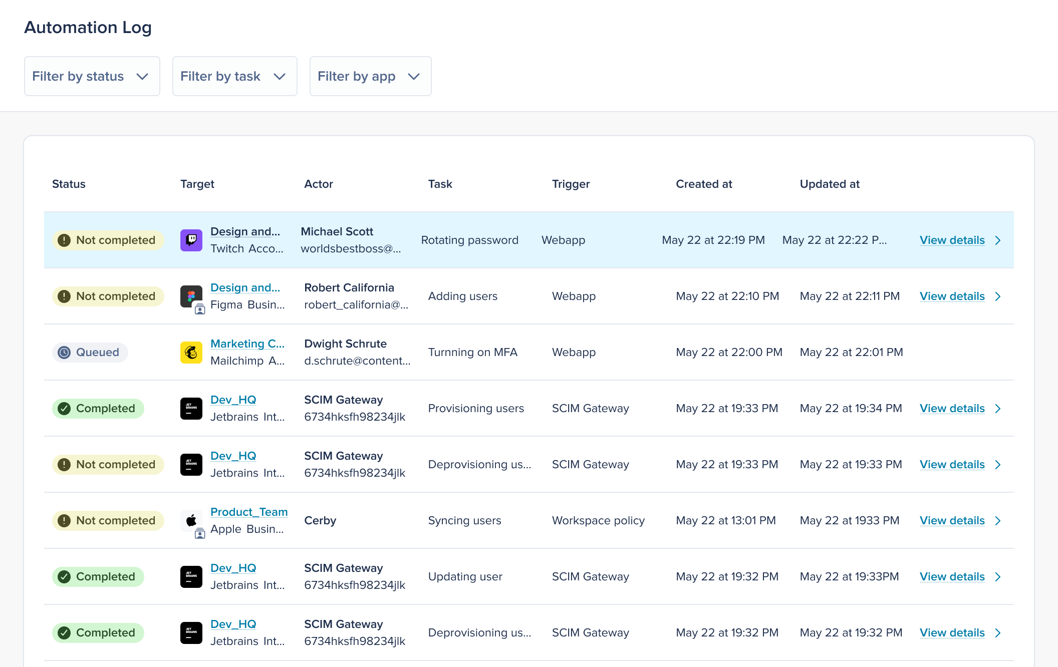 Screenshot of the Cerby web app dashboard. The Automation Log page is displayed with a table of automation jobs and their status