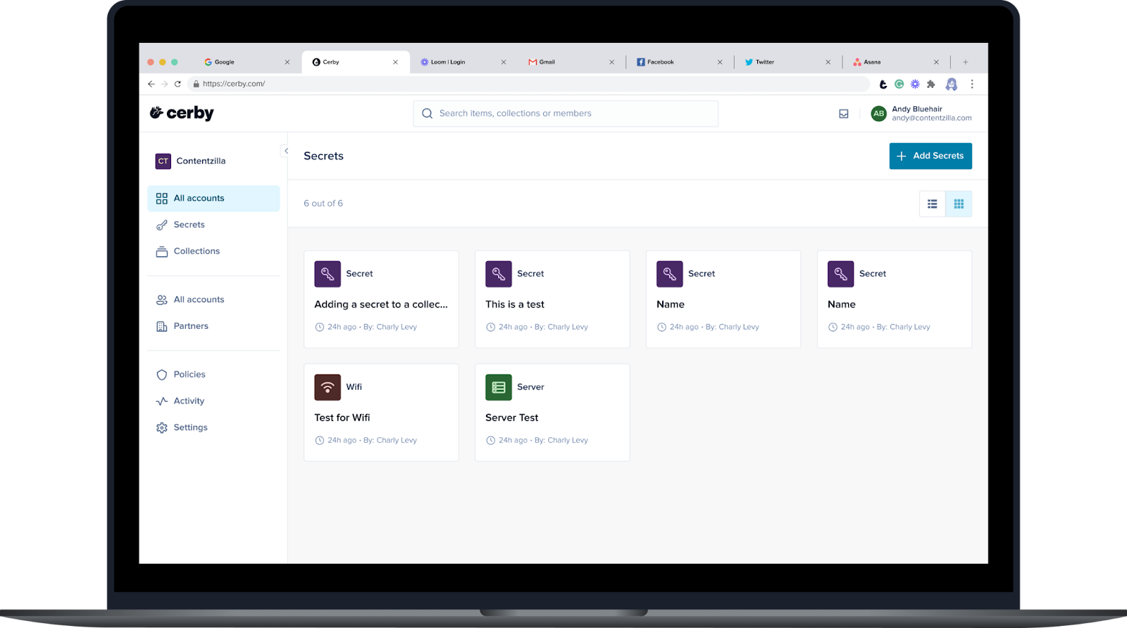 Alt-text: Screenshot of the Cerby web app dashboard. The Secrets page is displayed with multiple secret cards and a button at the top right to add a secret.