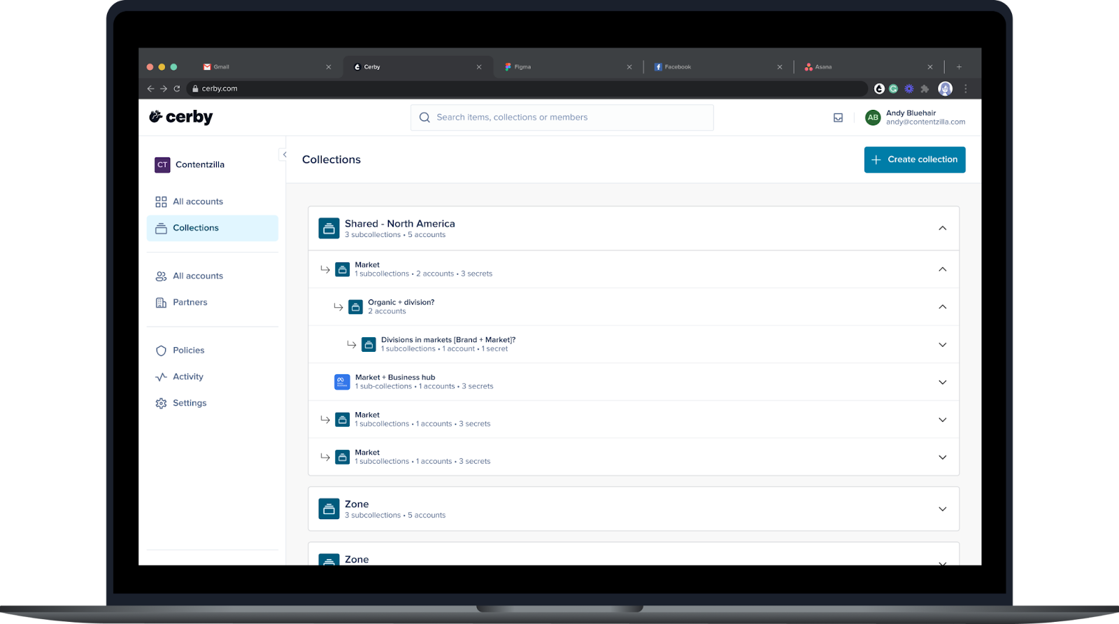 Screenshot of the Cerby web app dashboard. The Collections page is displayed with a list of collections, subcollections, and items