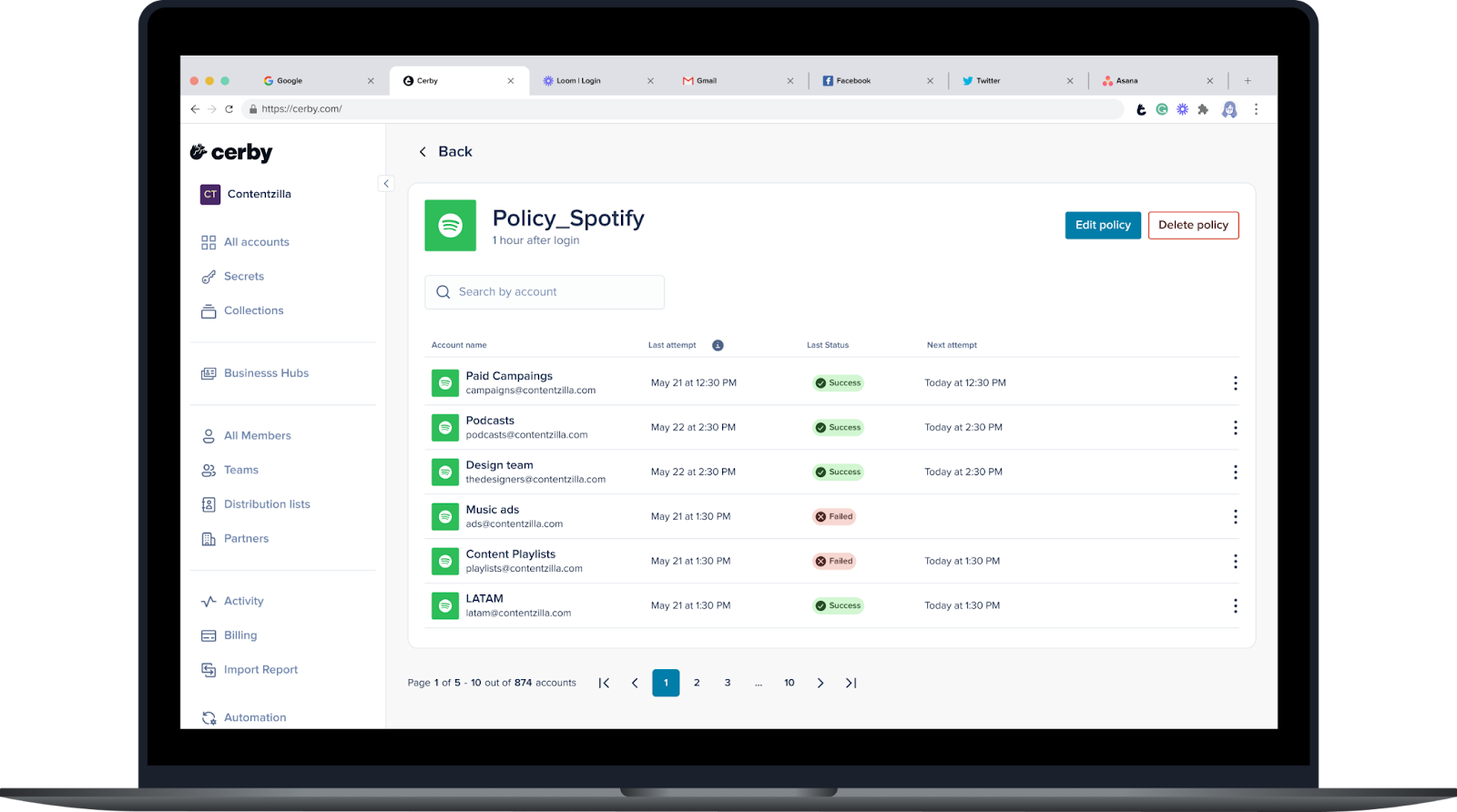 Screenshot of the Cerby web app. The policy details page is displayed with a table of accounts that belong to the same app for which a policy has been created