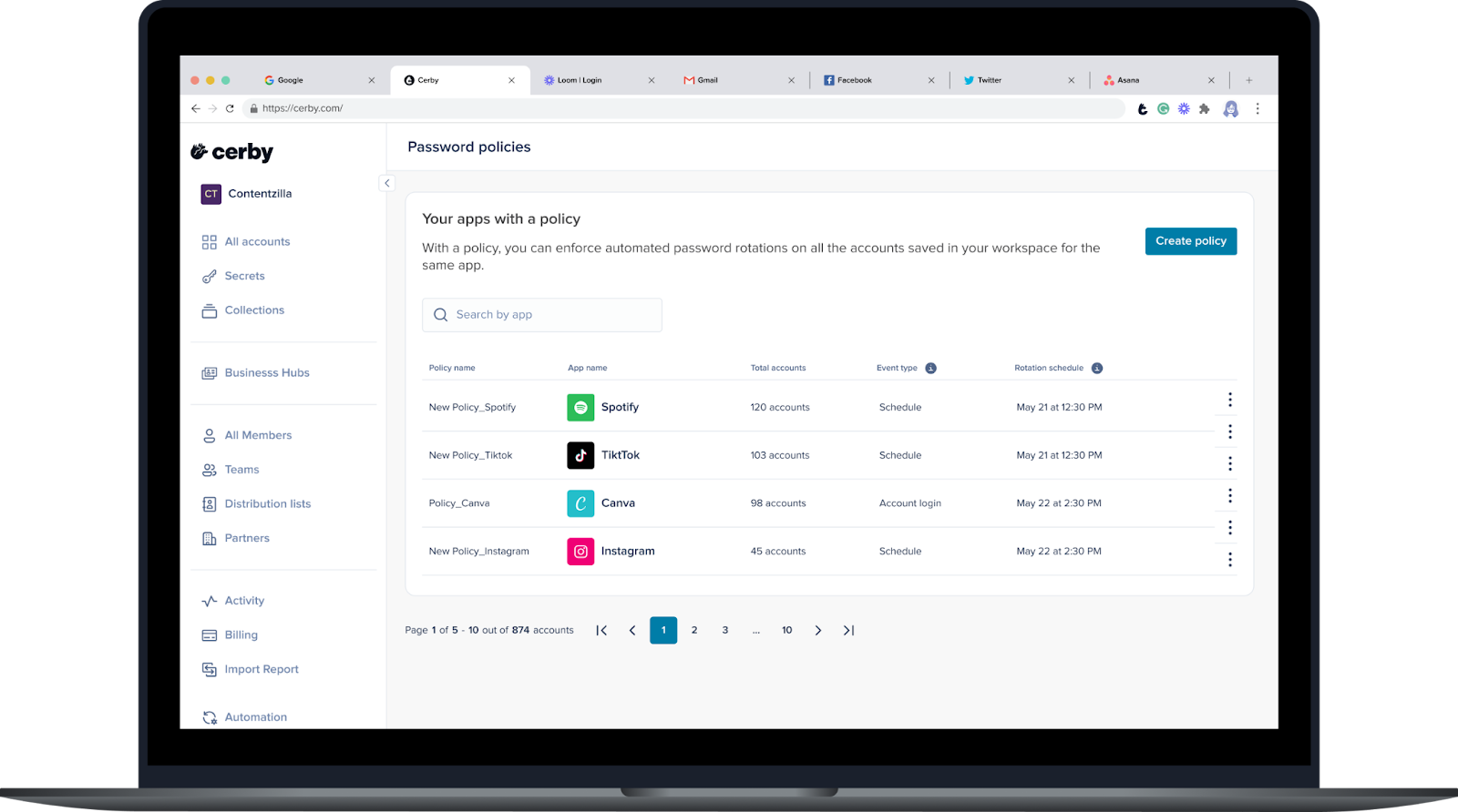 Screenshot of the Cerby web app. The Password Policies page is displayed with a table of apps for which a policy has been created
